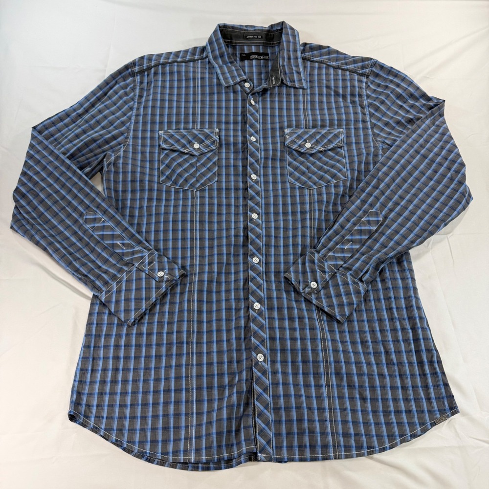Buckle Black Mens XL Athletic Fit Plaid Button Down Shirt Blue Grey Long Sleeve - Picture 2 of 8